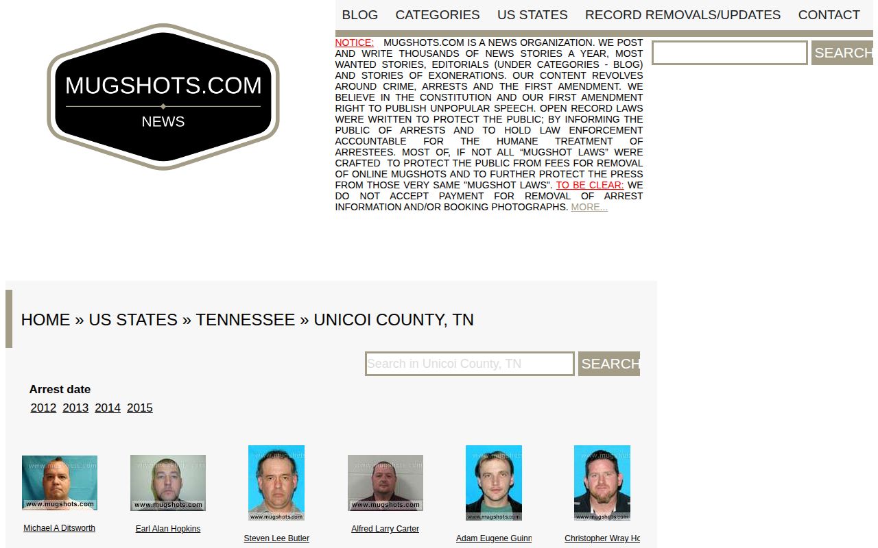 Unofficial Unicoi County Mugshots.com page used as third-party crime news context
